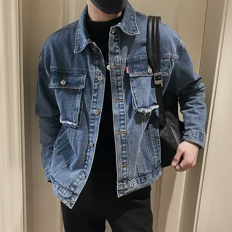 秋季美式复古牛仔夹克男高街水洗牛仔衣潮牌痞帅个性翻领工装外套商品大图