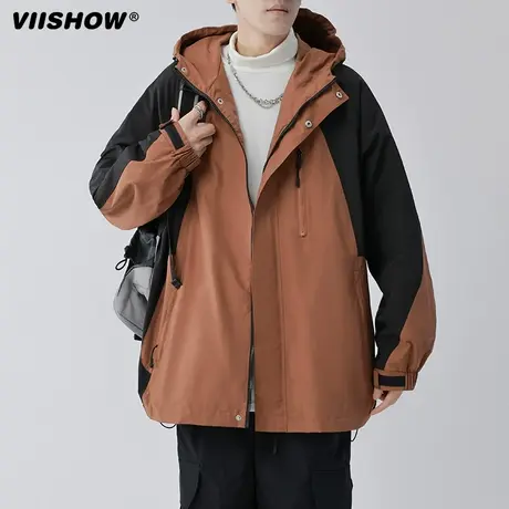 VIISHOW美式外套男士潮牌拼色冲锋衣秋季宽松百搭连帽休闲夹克男商品大图