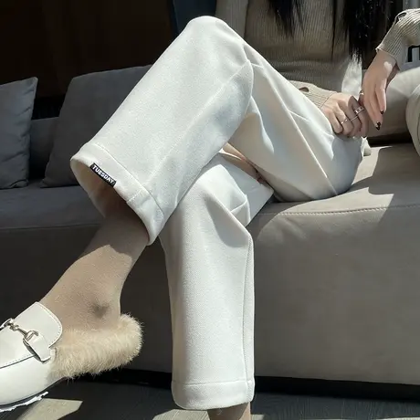 米白色毛呢裤女秋冬新款休闲高腰直筒加厚九分小脚萝卜哈伦烟管裤商品大图