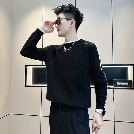 高级感拼色假两件毛衣男秋冬简约长袖针织衫ins轻熟小众线衣体恤商品大图