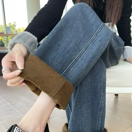 加绒牛仔裤女冬季阔腿裤高腰宽松休闲显瘦小个子加厚直筒拖地裤子商品大图