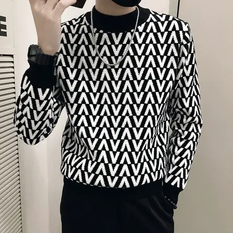 半高领毛衣男个性拼色字母针织打底衫秋冬潮牌痞帅潮流内搭毛线衣商品大图