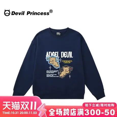 vintage美式复古风宽松藏蓝色卫衣女小众卡通印花街头风无帽上衣商品大图