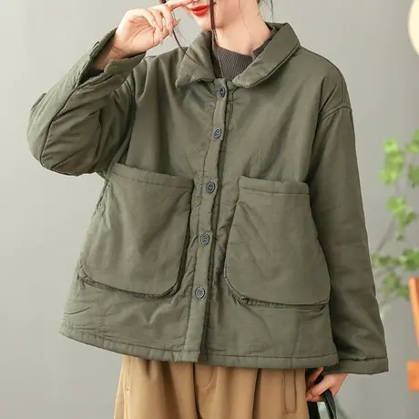 dza 复古大翻领口袋加厚棉衣外套女冬季宽松漂亮棉服保暖棉袄上衣图片