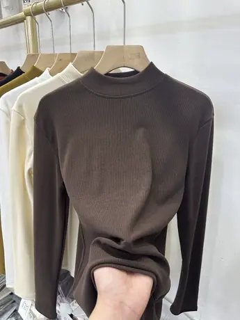 欧货坑条磨毛半高领圆领长袖T恤女2023秋冬新款内搭打底衫上衣潮商品大图