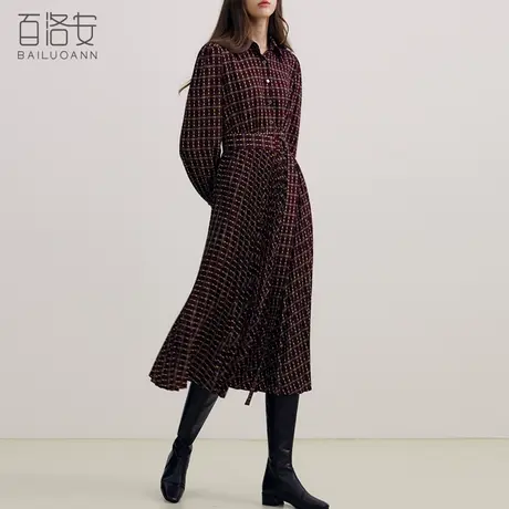 百洛安法式复古印花长袖连衣裙女秋冬时尚单排扣系带收腰大摆长裙图片