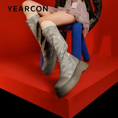 意尔康牛仔袜靴长筒靴女2023秋冬新款小个子骑士靴拼接弹力瘦瘦靴图片