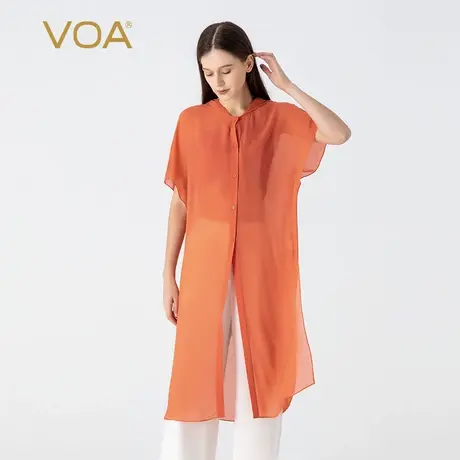 VOA桑蚕丝乔其砖红色连帽领蝙蝠袖单排扣宽松百搭中长真丝外套图片