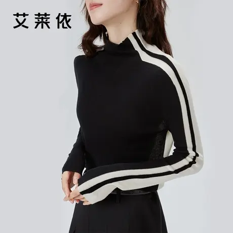 艾莱依针织衫2023早秋新款上衣正反两穿设计感高级拼色条纹打底衫商品大图