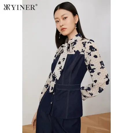 YINER音儿奥莱女装秋季拼接印花长袖衬衫商品大图