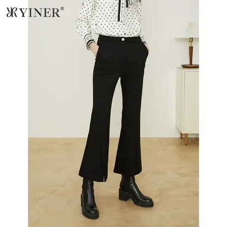 YINER音儿女装冬季通勤高腰开衩微喇休闲裤商品大图