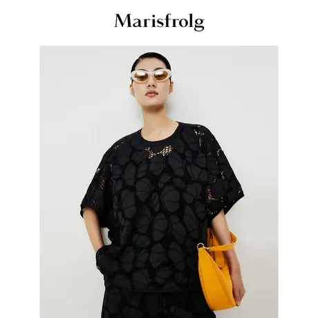 【商场同款】玛丝菲尔夏季新款黑色圆领镂空刺绣短款上衣女商品大图