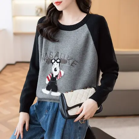 23132新款韩版宽松圆领拼色卡通针织衫女士百搭上衣毛衣长袖女商品大图