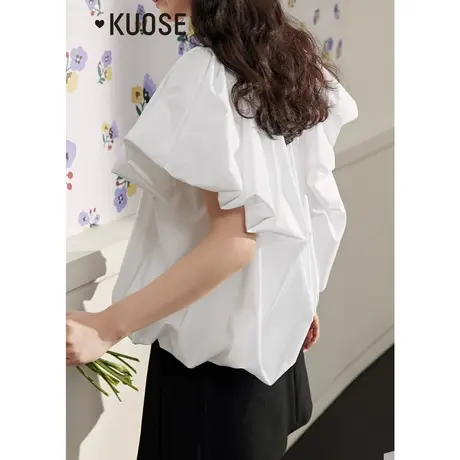 阔色白色衬衫女2023夏季新款设计感花苞袖短款法式甜美衬衣上衣商品大图