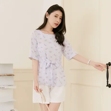 桔熊夏温柔雪纺衫收腰蝴蝶结绑带五分袖中长款上衣女大码AB17273商品大图