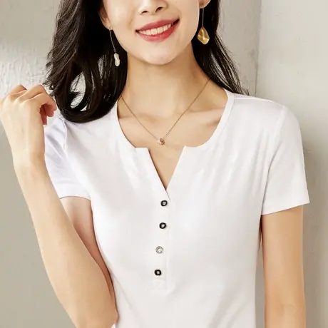 雀后短袖T恤女2023夏季新款白色内搭针织打底小衫V领体恤修身上衣商品大图