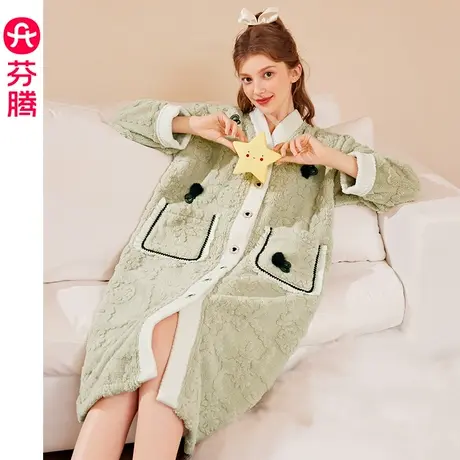 芬腾女士睡袍秋冬季珊瑚绒加绒加厚睡衣女款法兰绒休闲大码家居服图片