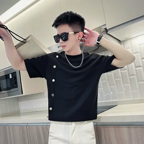 夏季时尚潮牌个性排扣日系修身短袖上衣t恤新款潮男休闲半袖体恤商品大图