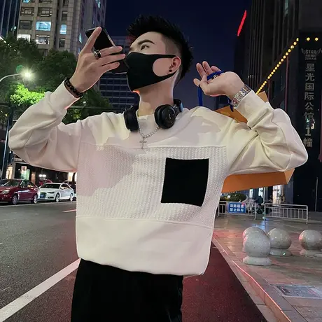 肌理感拼接卫衣男秋季2023新款套头上衣重磅美式潮牌长袖t恤休闲图片