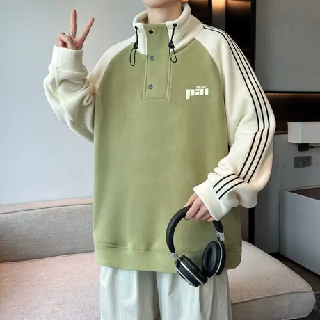 半高领卫衣男秋冬季潮牌奥粒绒重磅打底衫加厚双面绒立领套头上衣图片