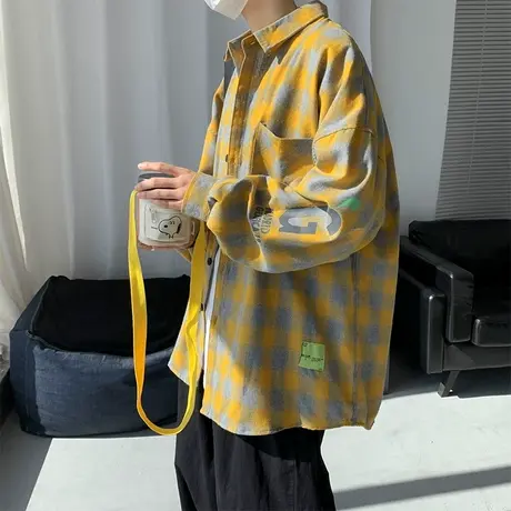 格子长袖衬衫男春季新款oversize情侣装潮流长袖翻领休闲衬衣外套商品大图
