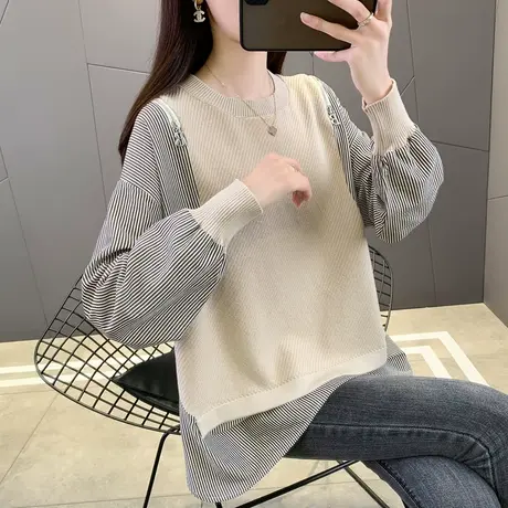 洋气减龄假两件针织拼接衬衫女2025春装新款圆领毛衣长袖针织上衣图片