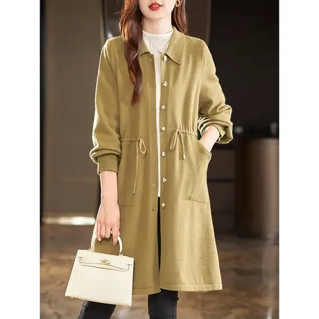 宝诗黎翻领中长款抽绳收腰针织开衫2023秋季新款毛衣外套纯色上衣商品大图