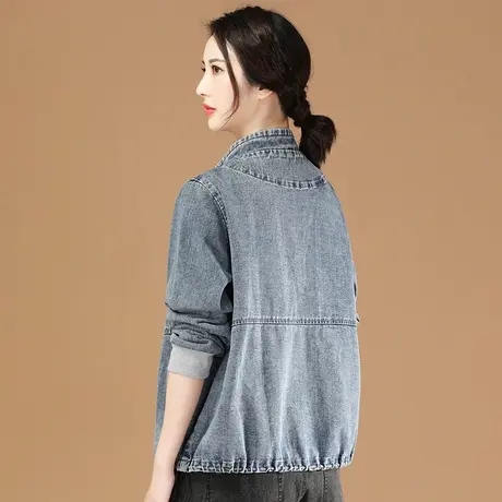 百搭立领工装牛仔短外套2024年新款女士春装宽松复古棒球服夹克图片