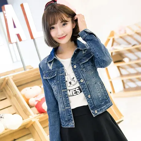 牛仔外套女短款修身韩版潮显瘦学生长袖春秋牛仔服上衣破洞S52商品大图