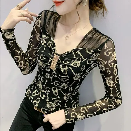 2024春装新款欧货时尚烫钻T恤女长袖性感V领上衣洋气百搭打底衫潮商品大图