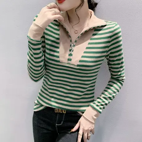 设计感拉链翻领T恤女长袖2024秋新款别致条纹上衣内搭修身打底衫商品大图