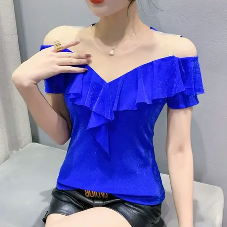 夏季性感露肩短袖t恤女洋气百搭网纱小衫别致荷叶边紧身上衣半袖商品大图