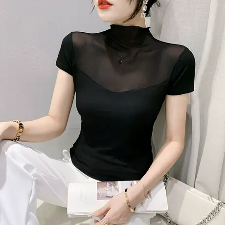 网纱拼接T恤女短袖时尚洋气镂空性感上衣纯色百搭简约立领小衫夏图片