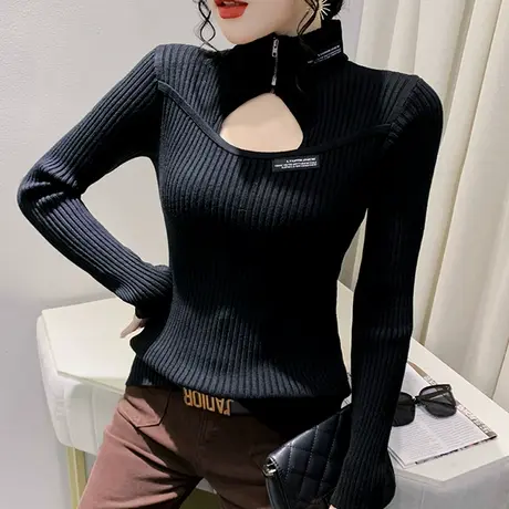 性感镂空毛衣女士秋冬2024新款气质半高领针织衫内搭紧身打底上衣商品大图