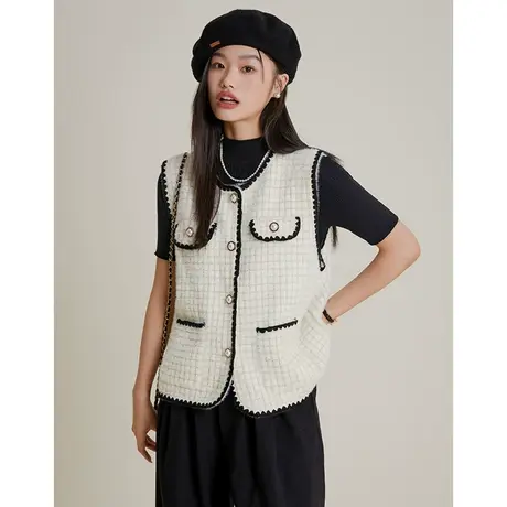 弥古小香风马甲外套女春秋外穿高级感白色仿貂毛毛衣针织背心马夹商品大图