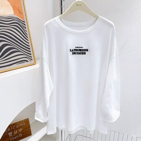 十个图案！春秋冬款简约爱心字母白色纯棉长袖T恤打底衫遮胯大码商品大图