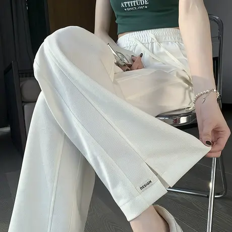 米白色休闲阔腿裤女春秋新款高腰显瘦垂感窄版直筒针织开叉拖地裤商品大图