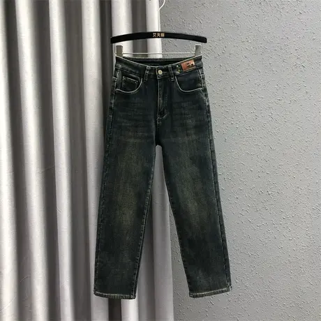 复古高腰显瘦牛仔直筒裤女2023秋冬新款深蓝色贴布加绒弹力烟管裤商品大图