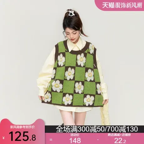 KEIKO 清新草绿色格子针织衫马甲女2023秋季文艺减龄外搭背心毛衣商品大图