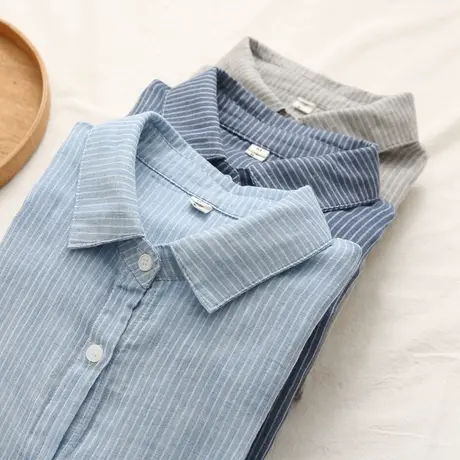 春秋季日系复古文艺双层棉纱长袖条纹衬衫女职业宽松百搭打底上衣商品大图