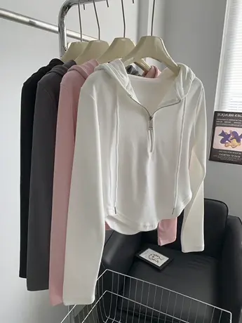 小个子短款抽绳连帽卫衣女秋装百搭韩版修身半拉链设计感小众上衣图片