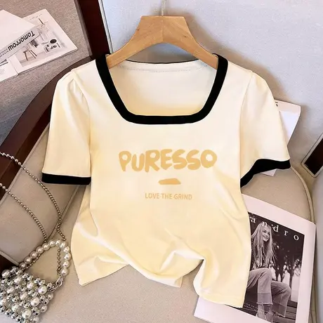夏季多巴胺穿搭短袖t恤女方领正肩设计感ins潮甜辣大码微胖mm上衣商品大图
