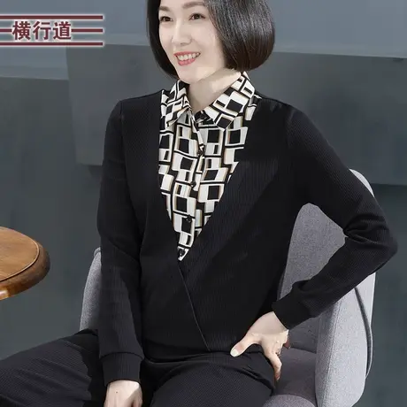 2025新款春装翻领假两件宽松中年妈妈长袖T恤女拼接大码职业上衣商品大图