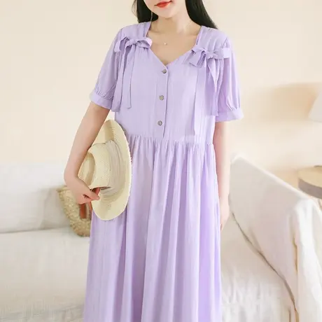 【买一送一】夏季新款V领蝴蝶结连衣裙加大码油画紫宽松公主裙商品大图