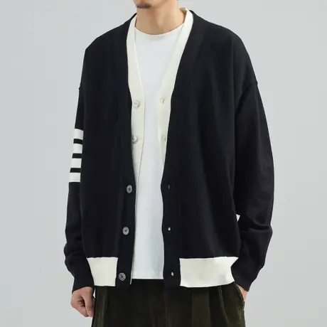 奕飏拼色简约假两件针织开衫男外套宽松针织衫春秋韩版休闲毛衣潮图片