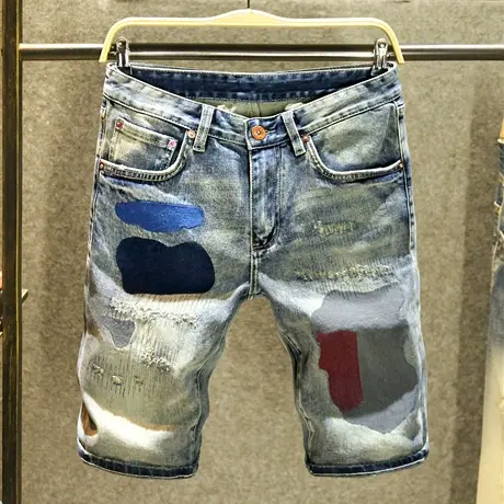 夏季撞色牛仔短裤男直筒宽松五分裤美式复古潮牌磨破5分中裤薄款商品大图