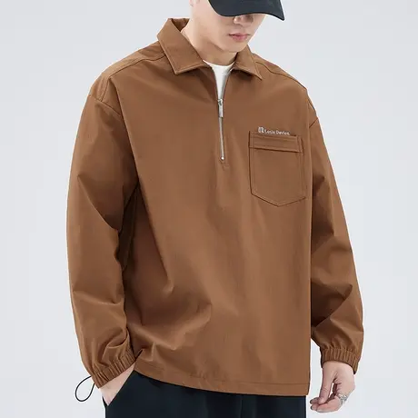 男装卡其色春季日系半开衫拉链翻领夹克外套春秋款潮牌复古上衣服商品大图