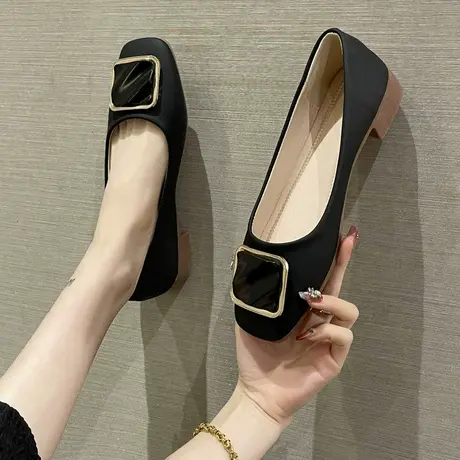 永希单鞋女2024春季新款方头浅口粗跟通勤女鞋复古懒人一脚蹬鞋子商品大图