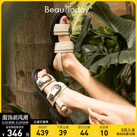 BeauToday夏季罗马凉鞋女鞋平底真皮一字扣凉鞋小众设计外穿凉拖商品大图