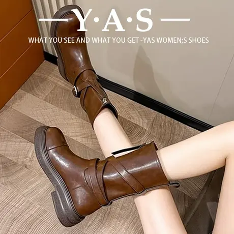 美拉德复古棕色中筒马丁靴女鞋短靴2023秋冬季新款西部加绒雪地靴图片